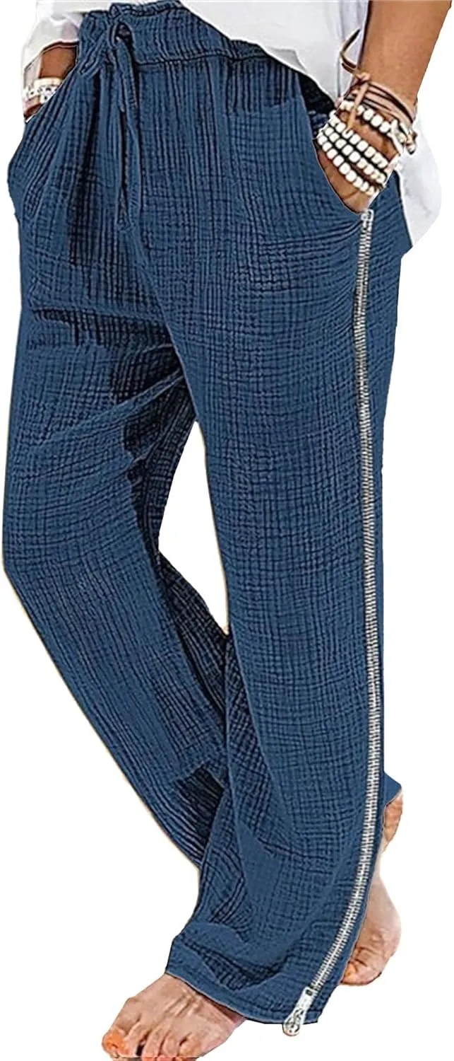 Men's Baggy Casual Elastic Waist Chino Pants Cotton Linen Solid Outdoor Pants Straight Leg Comfort Beach Trousers