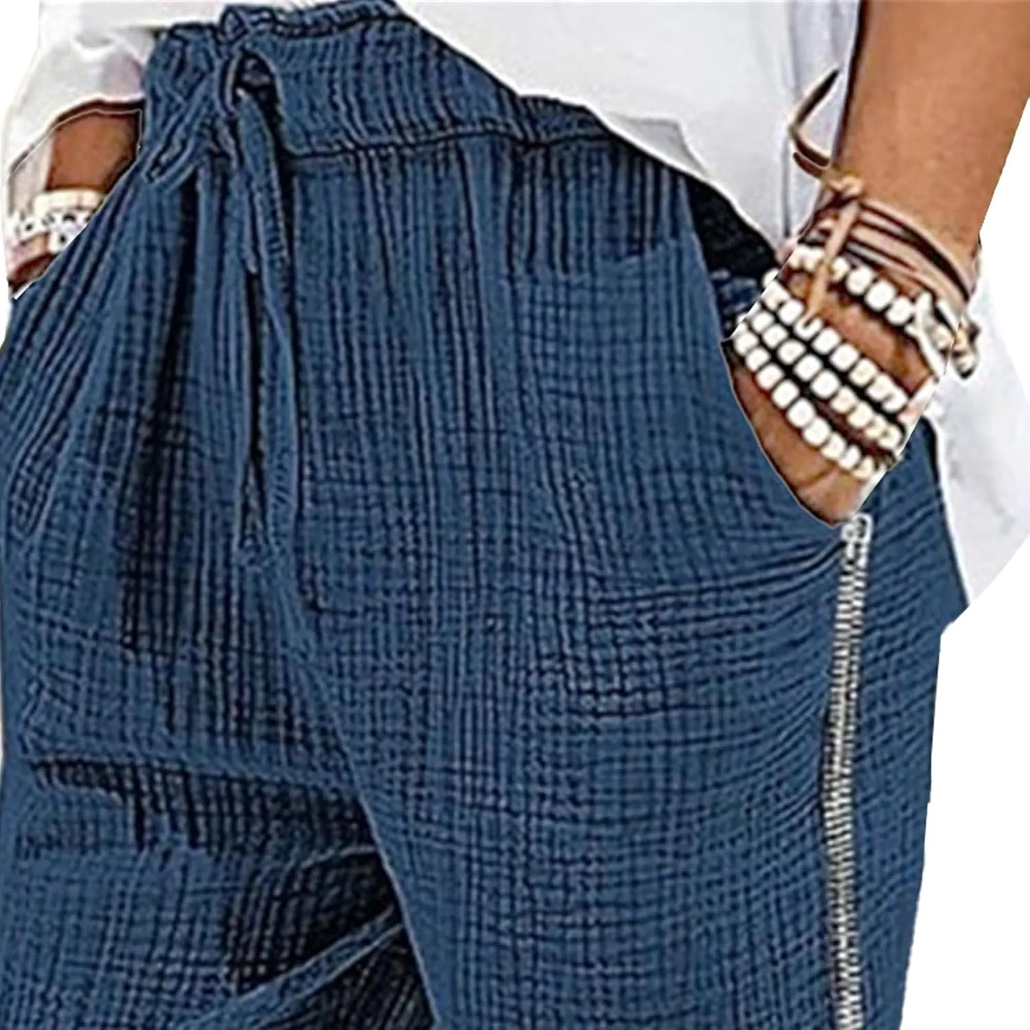 Men's Baggy Casual Elastic Waist Chino Pants Cotton Linen Solid Outdoor Pants Straight Leg Comfort Beach Trousers