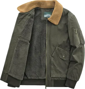Men's Casual Cotton Cargo Sherpa Jacket Fur Collar Warm Winter Padded Coat Fleece Lined Bomber Jacket with Pocket