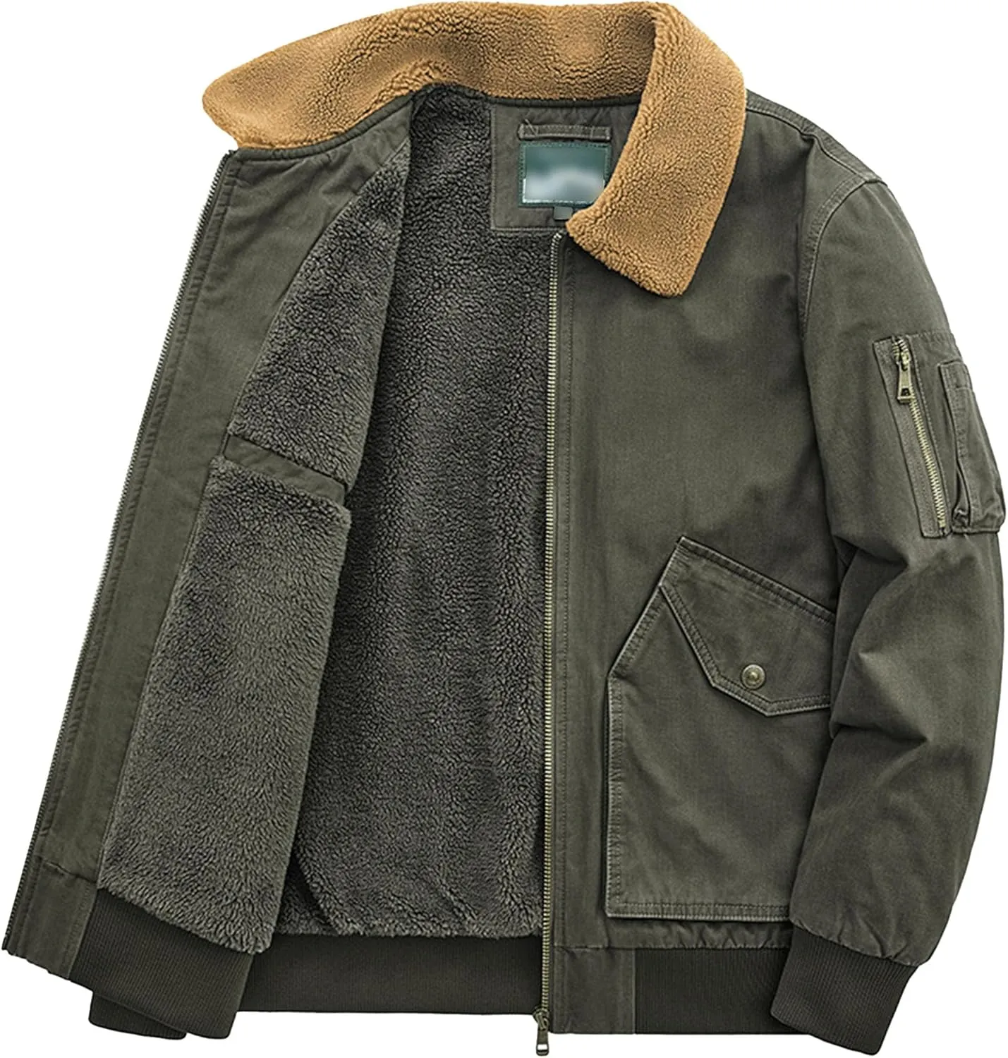 Men's Casual Cotton Cargo Sherpa Jacket Fur Collar Warm Winter Padded Coat Fleece Lined Bomber Jacket with Pocket