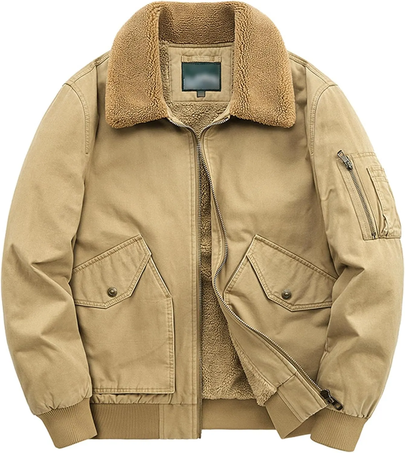 Men's Casual Cotton Cargo Sherpa Jacket Fur Collar Warm Winter Padded Coat Fleece Lined Bomber Jacket with Pocket