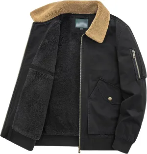 Men's Casual Cotton Cargo Sherpa Jacket Fur Collar Warm Winter Padded Coat Fleece Lined Bomber Jacket with Pocket