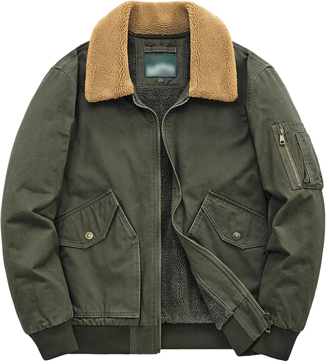 Men's Casual Cotton Cargo Sherpa Jacket Fur Collar Warm Winter Padded Coat Fleece Lined Bomber Jacket with Pocket