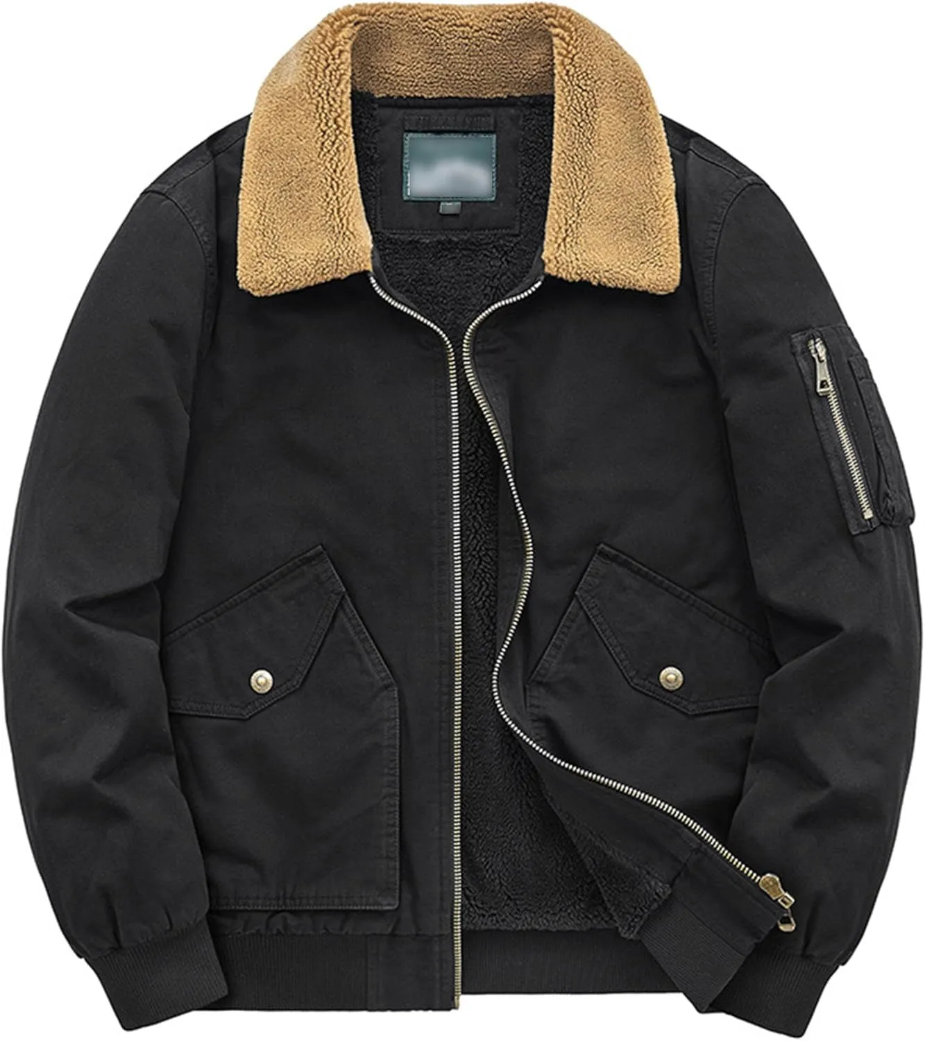 Men's Casual Cotton Cargo Sherpa Jacket Fur Collar Warm Winter Padded Coat Fleece Lined Bomber Jacket with Pocket