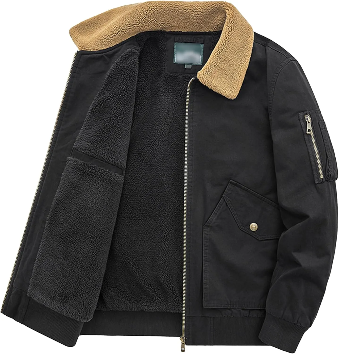 Men's Casual Cotton Cargo Sherpa Jacket Fur Collar Warm Winter Padded Coat Fleece Lined Bomber Jacket with Pocket