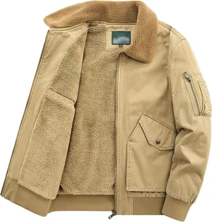 Men's Casual Cotton Cargo Sherpa Jacket Fur Collar Warm Winter Padded Coat Fleece Lined Bomber Jacket with Pocket