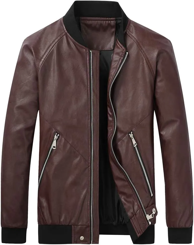 Mens Casual Slim Fit Faux Leather Jacket Fall Winter Leather Bomber Jackets