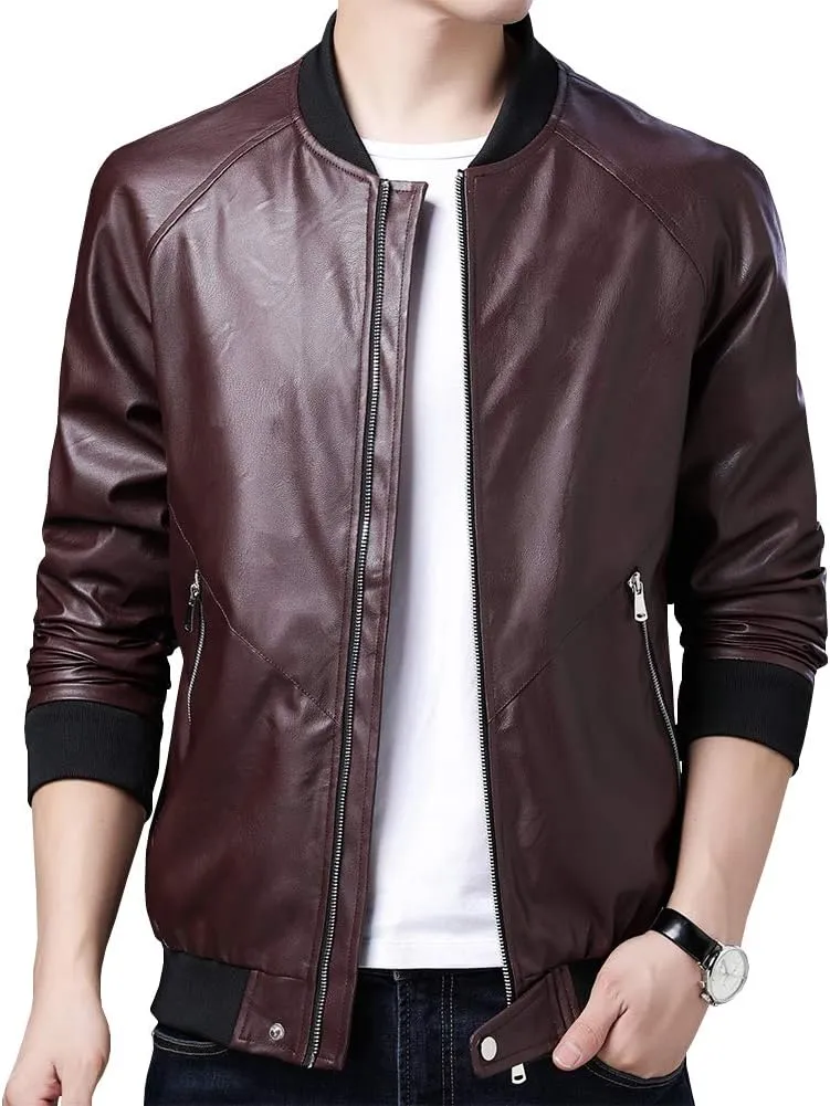 Mens Casual Slim Fit Faux Leather Jacket Fall Winter Leather Bomber Jackets