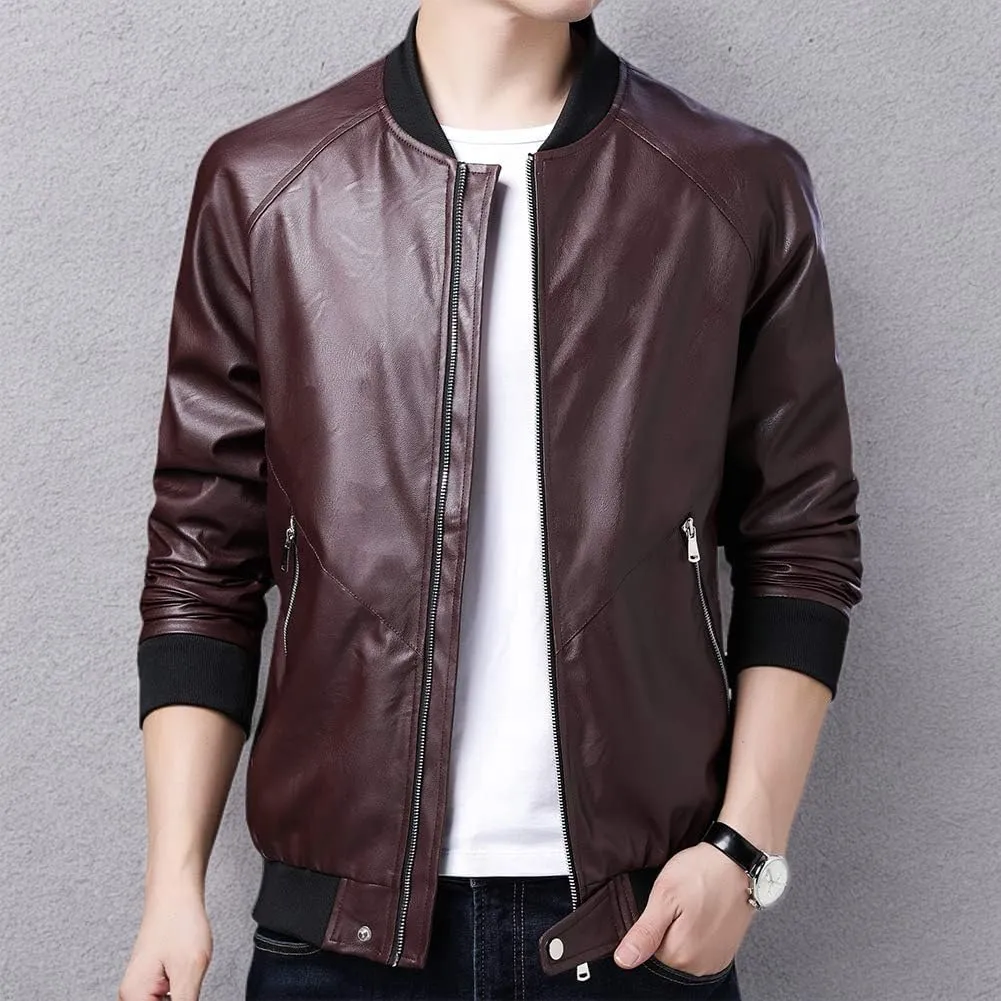 Mens Casual Slim Fit Faux Leather Jacket Fall Winter Leather Bomber Jackets