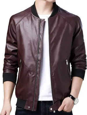 Mens Casual Slim Fit Faux Leather Jacket Fall Winter Leather Bomber Jackets