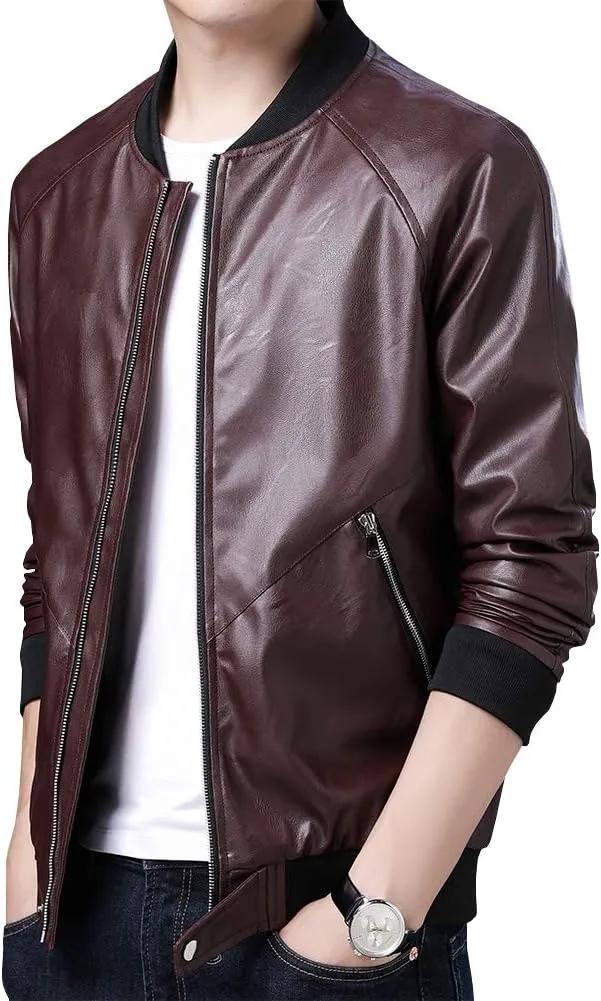 Mens Casual Slim Fit Faux Leather Jacket Fall Winter Leather Bomber Jackets