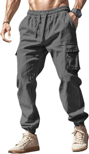 Men's Cotton Linen Baggy Cargo Pants Elastic Waist Casual Sweatpants Pants Drawstring Comfort Joggers Trousers