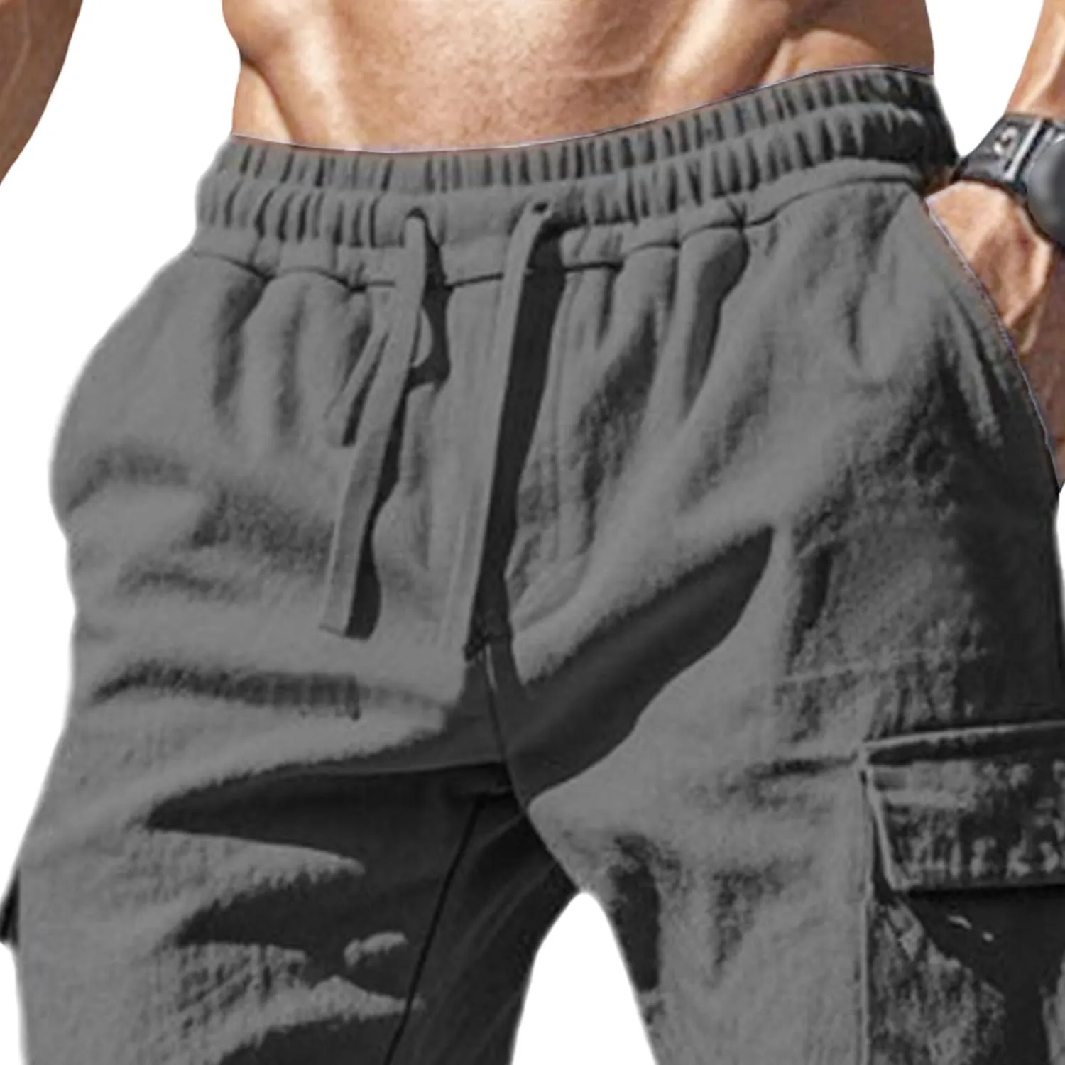 Men's Cotton Linen Baggy Cargo Pants Elastic Waist Casual Sweatpants Pants Drawstring Comfort Joggers Trousers