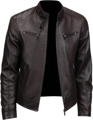 Men's Solid Color Stand Up Collar Windproof Warm Coat Leather Jackets Vintage Leather Jacket
