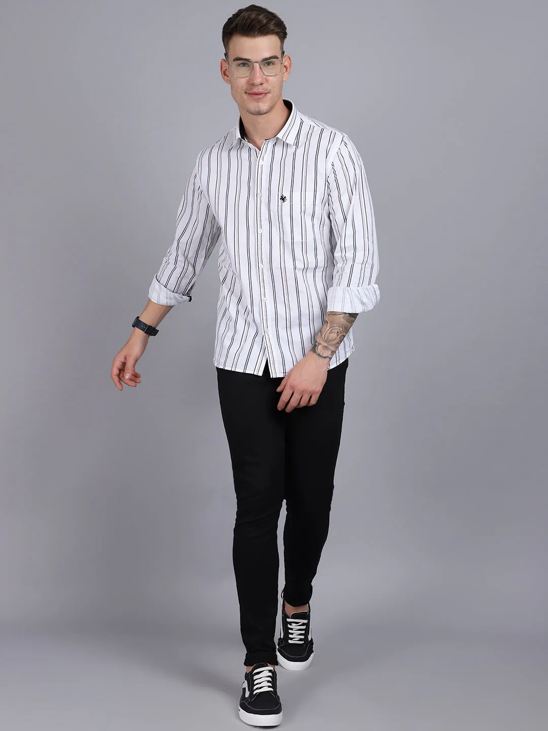 Men's White Casual Broad Stripe Full Sleeve Shirt