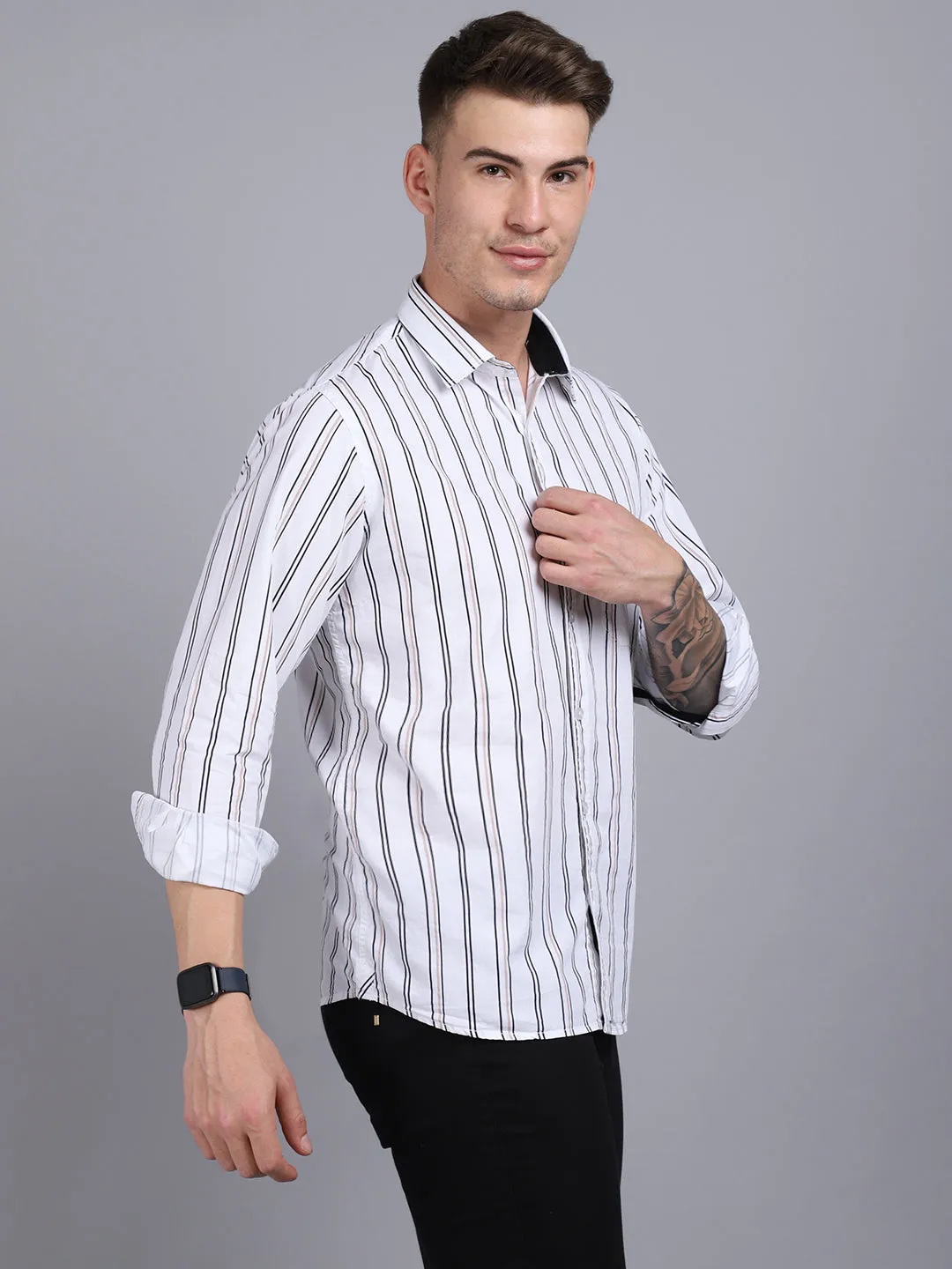 Men's White Casual Broad Stripe Full Sleeve Shirt