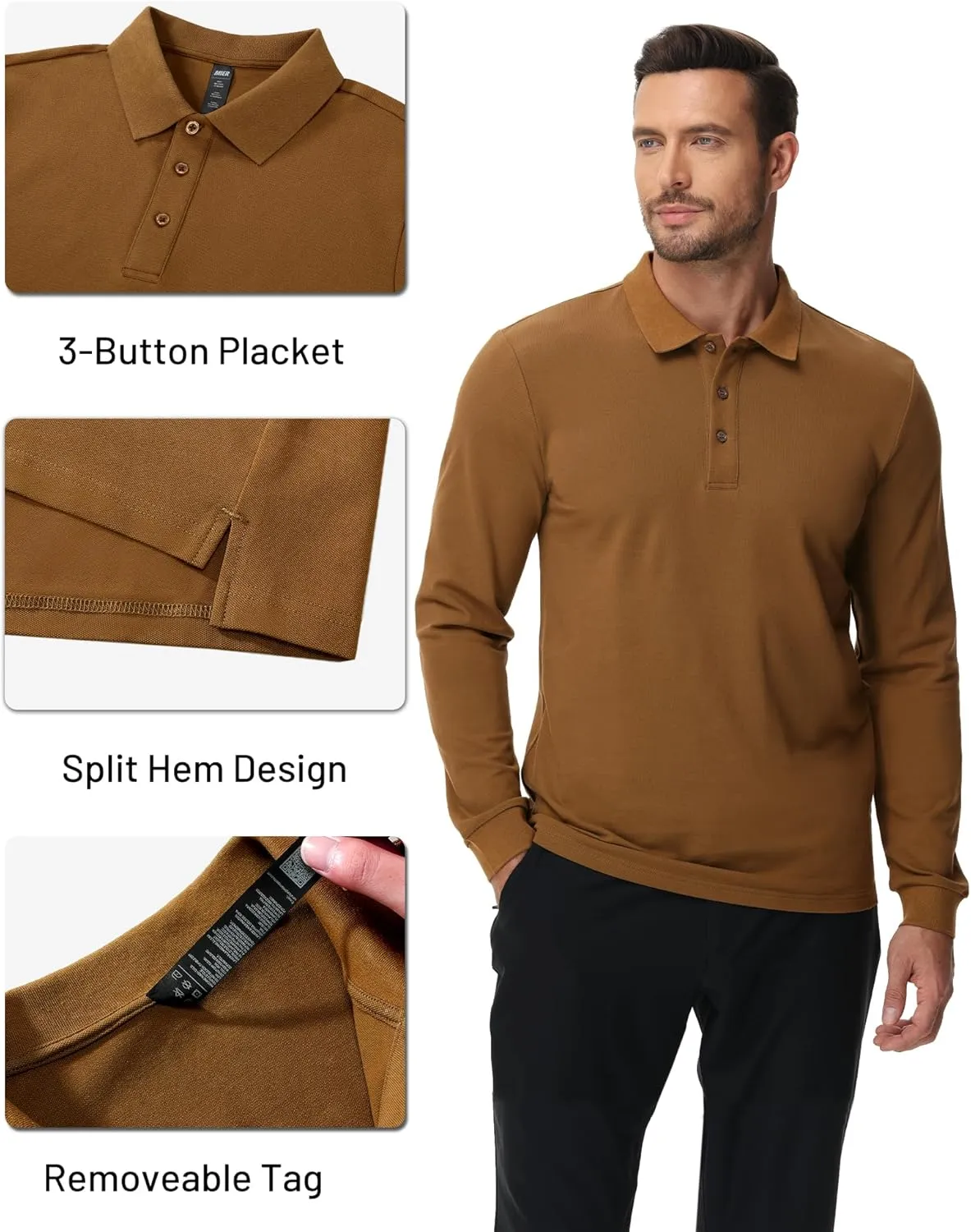 MIER Polo Shirts for Men Cotton Long Sleeve Golf Tennis Collared Shirt for Casual Work Travel, 3 Buttons, Ultra Soft