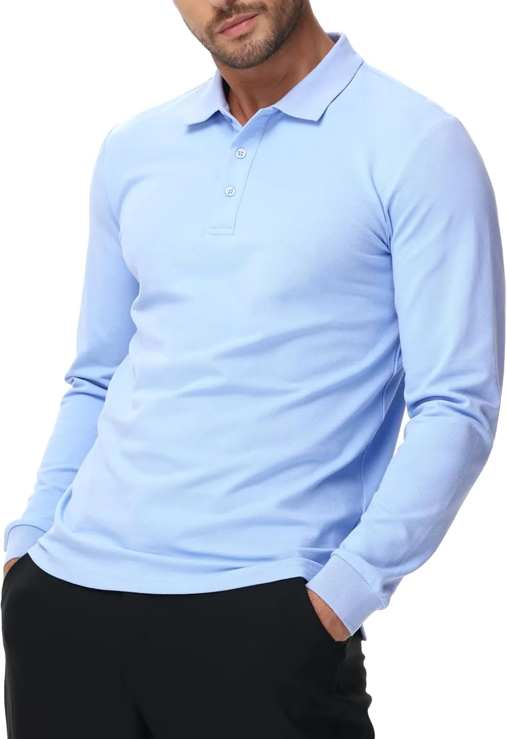 MIER Polo Shirts for Men Cotton Long Sleeve Golf Tennis Collared Shirt for Casual Work Travel, 3 Buttons, Ultra Soft