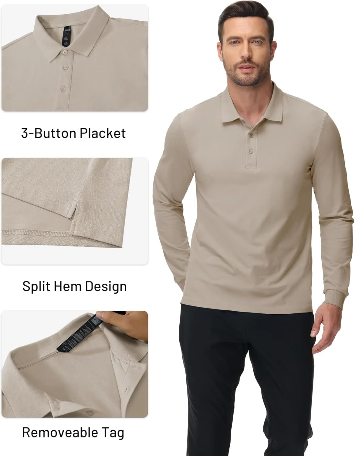MIER Polo Shirts for Men Cotton Long Sleeve Golf Tennis Collared Shirt for Casual Work Travel, 3 Buttons, Ultra Soft