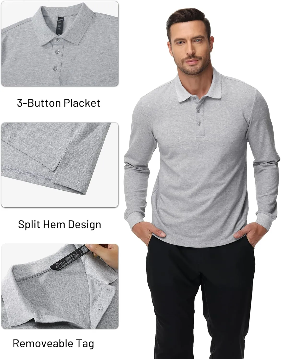 MIER Polo Shirts for Men Cotton Long Sleeve Golf Tennis Collared Shirt for Casual Work Travel, 3 Buttons, Ultra Soft
