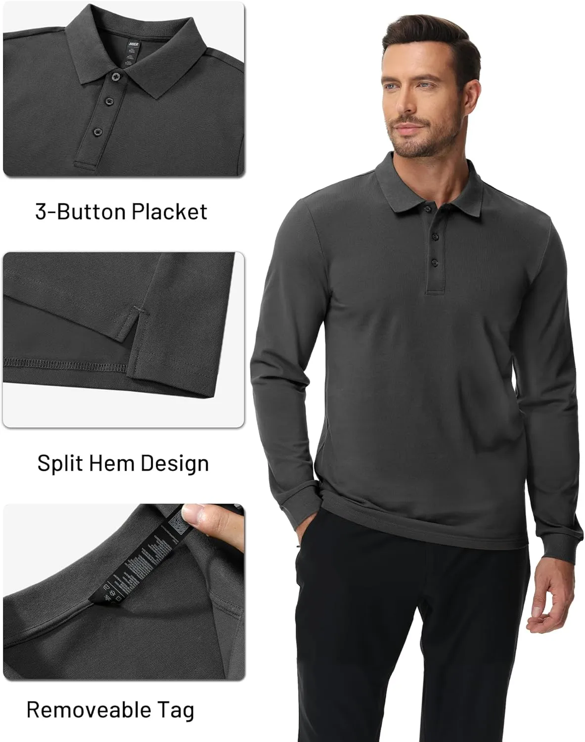 MIER Polo Shirts for Men Cotton Long Sleeve Golf Tennis Collared Shirt for Casual Work Travel, 3 Buttons, Ultra Soft