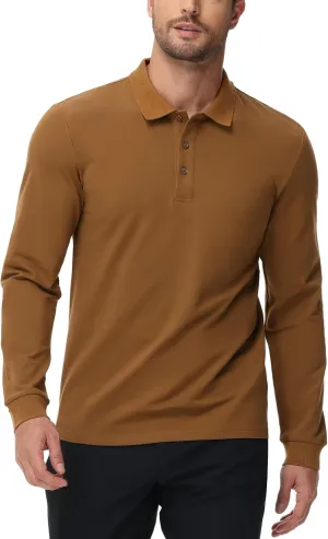 MIER Polo Shirts for Men Cotton Long Sleeve Golf Tennis Collared Shirt for Casual Work Travel, 3 Buttons, Ultra Soft