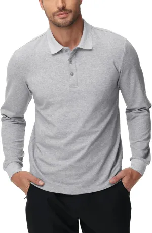 MIER Polo Shirts for Men Cotton Long Sleeve Golf Tennis Collared Shirt for Casual Work Travel, 3 Buttons, Ultra Soft