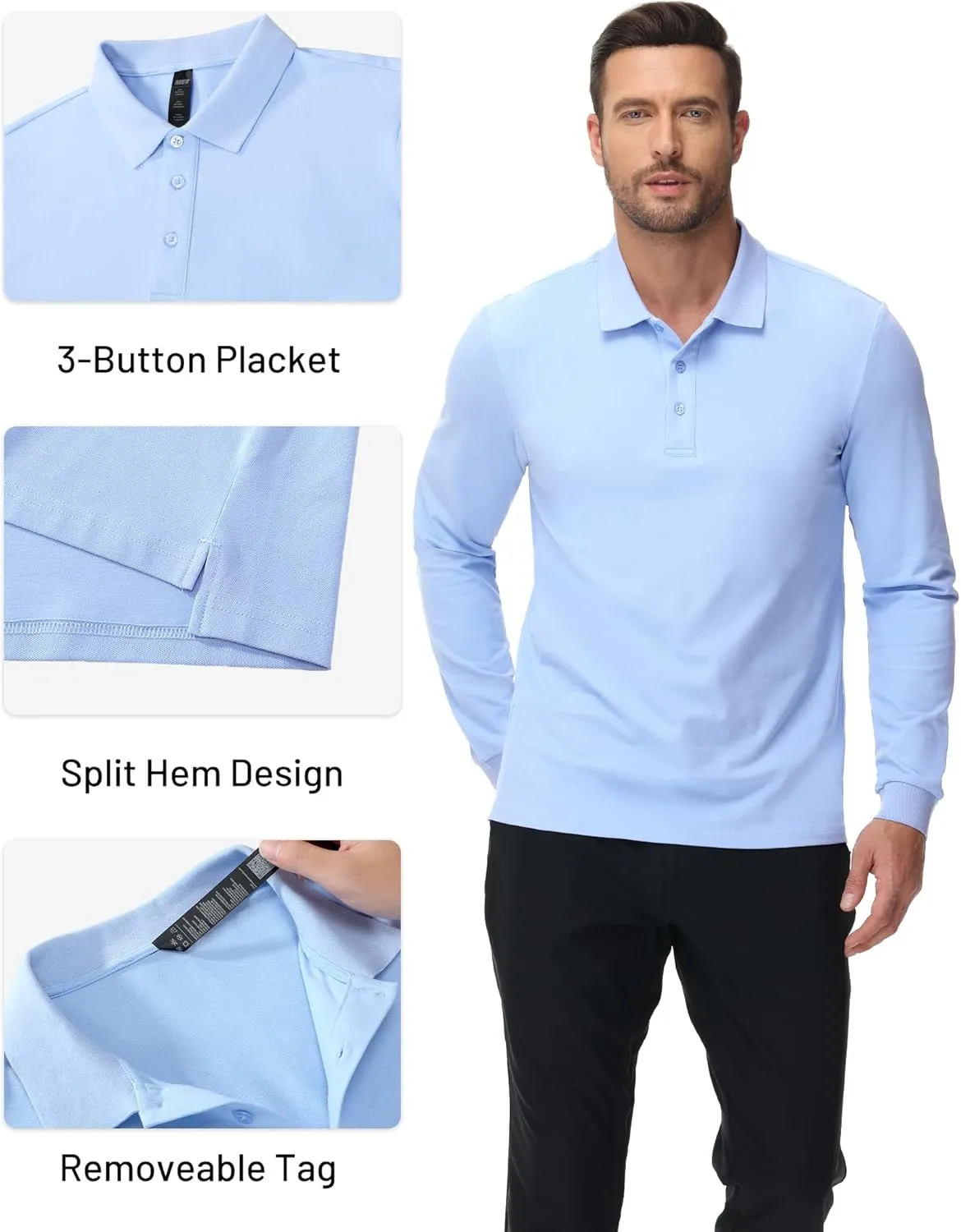 MIER Polo Shirts for Men Cotton Long Sleeve Golf Tennis Collared Shirt for Casual Work Travel, 3 Buttons, Ultra Soft