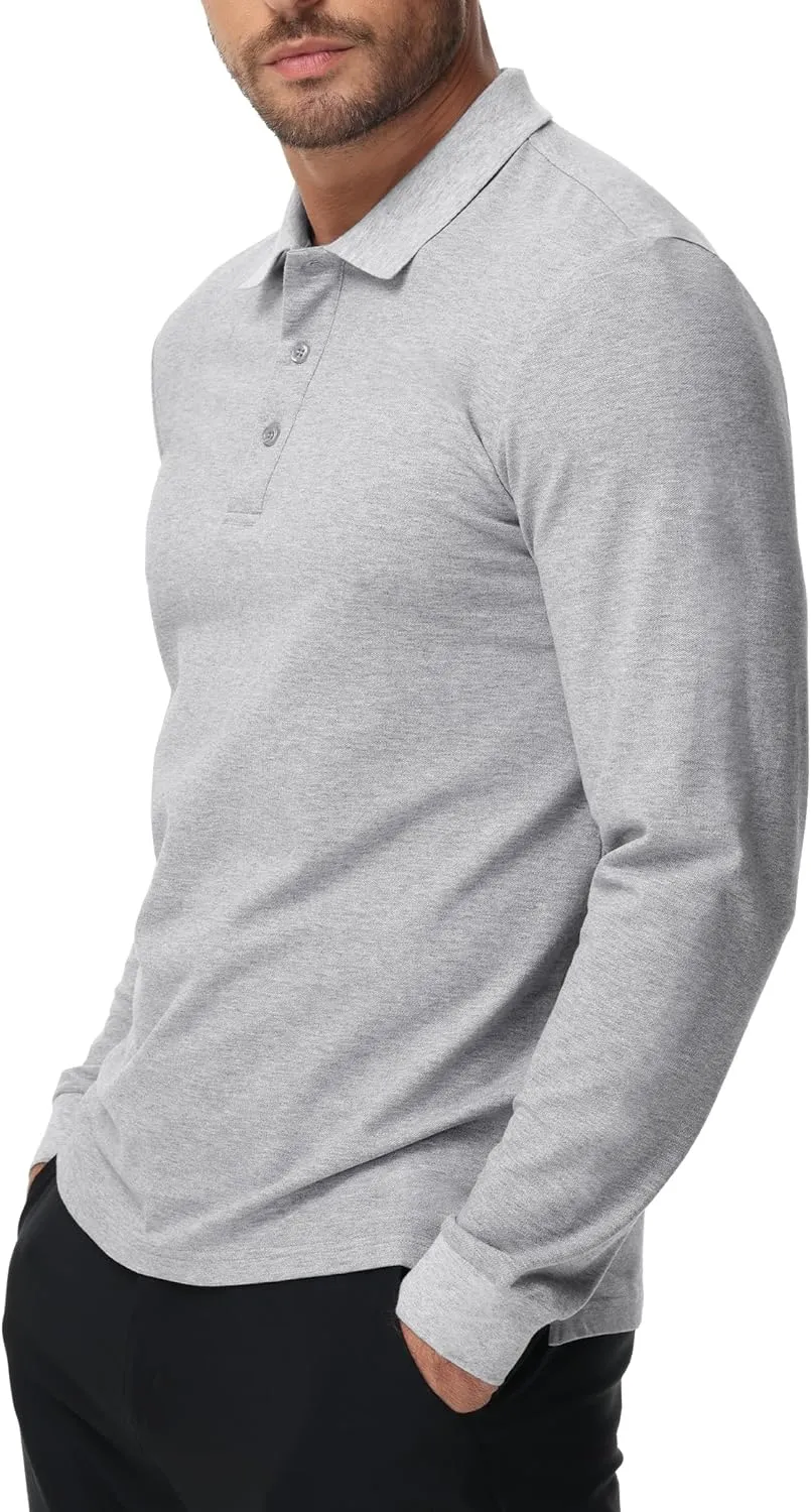 MIER Polo Shirts for Men Cotton Long Sleeve Golf Tennis Collared Shirt for Casual Work Travel, 3 Buttons, Ultra Soft