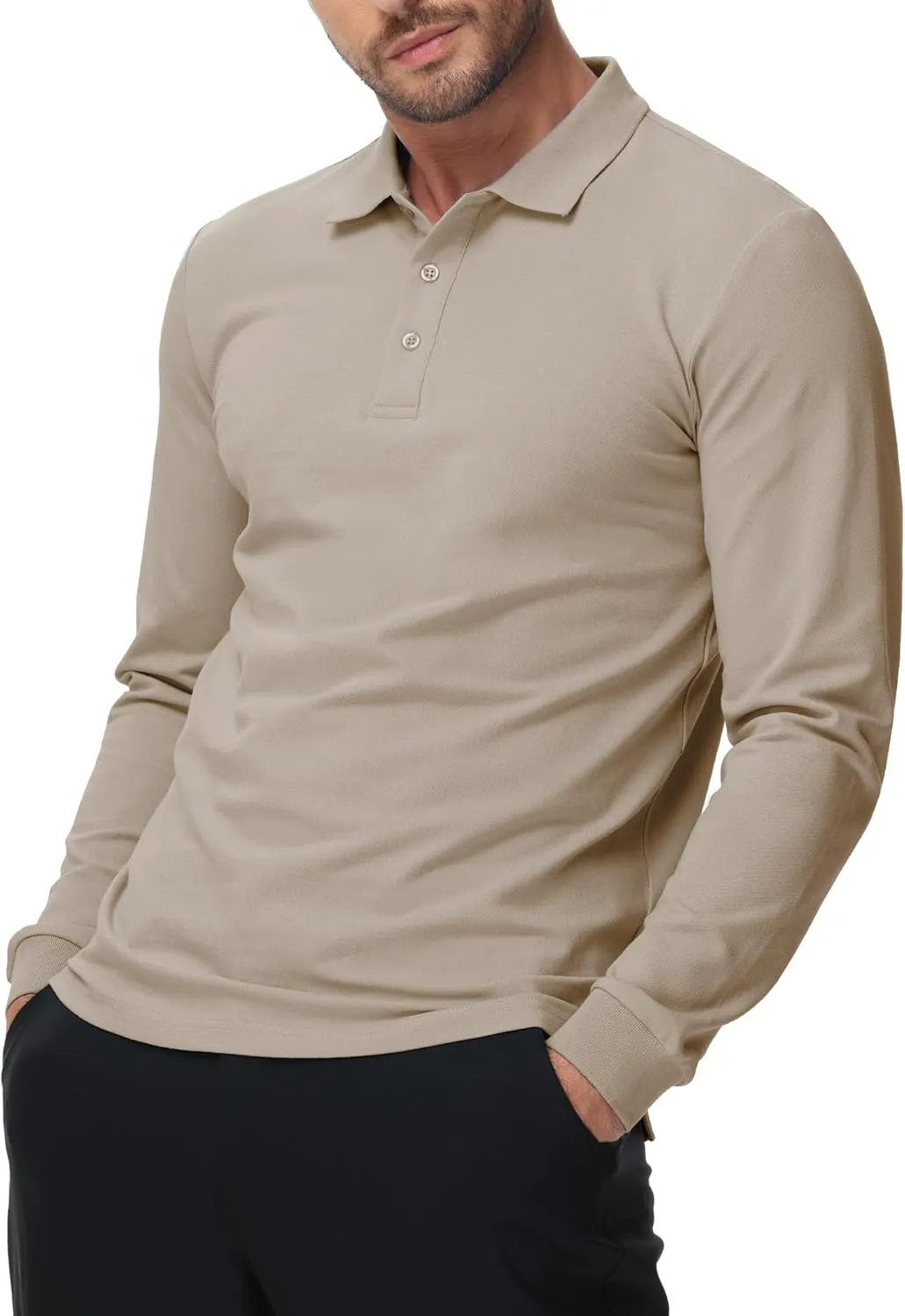 MIER Polo Shirts for Men Cotton Long Sleeve Golf Tennis Collared Shirt for Casual Work Travel, 3 Buttons, Ultra Soft