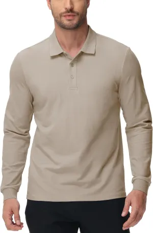 MIER Polo Shirts for Men Cotton Long Sleeve Golf Tennis Collared Shirt for Casual Work Travel, 3 Buttons, Ultra Soft