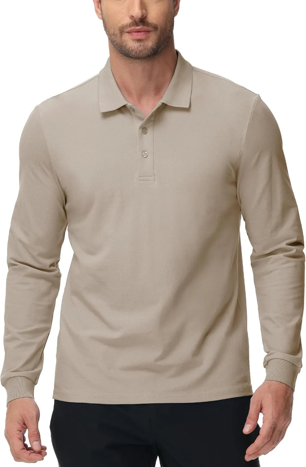 MIER Polo Shirts for Men Cotton Long Sleeve Golf Tennis Collared Shirt for Casual Work Travel, 3 Buttons, Ultra Soft