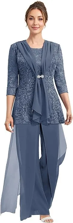 Mother of The Bride Pantsuits with Jacket Lace 2025 Formal Mother of The Bride Jumpsuit Outfit for Wedding