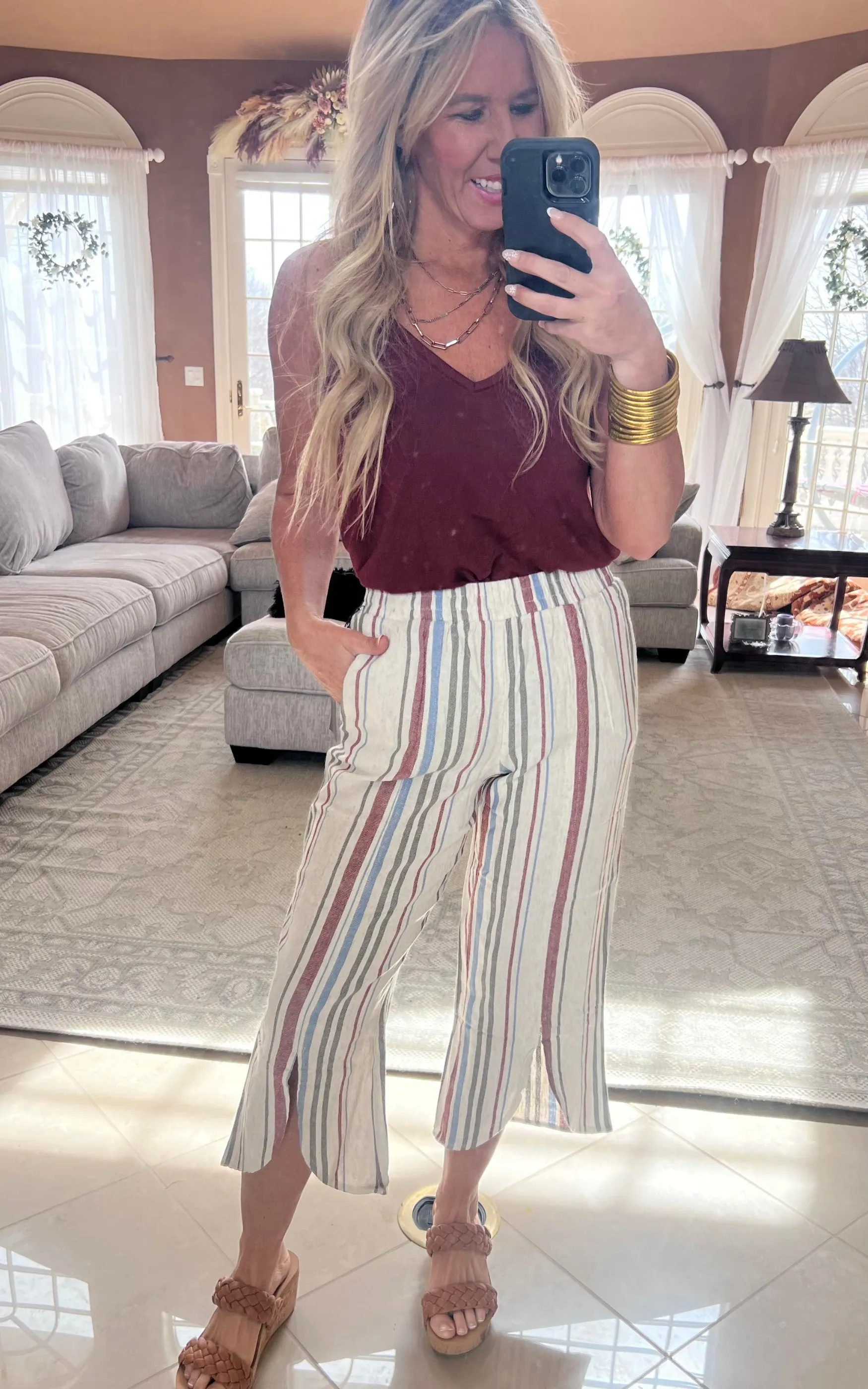 Natural Linen Tulip Slit Hem Wide Leg Crop Pant