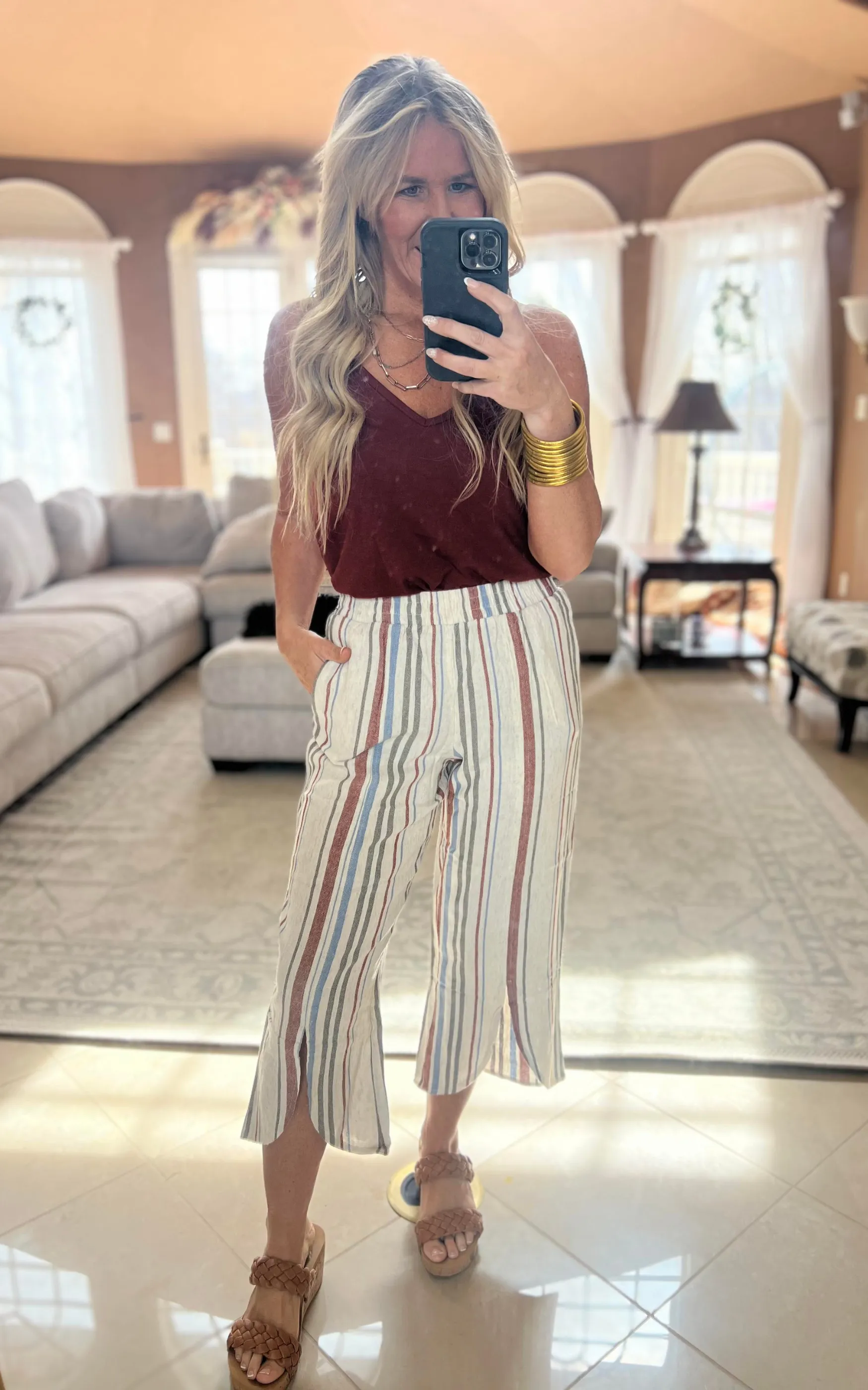 Natural Linen Tulip Slit Hem Wide Leg Crop Pant