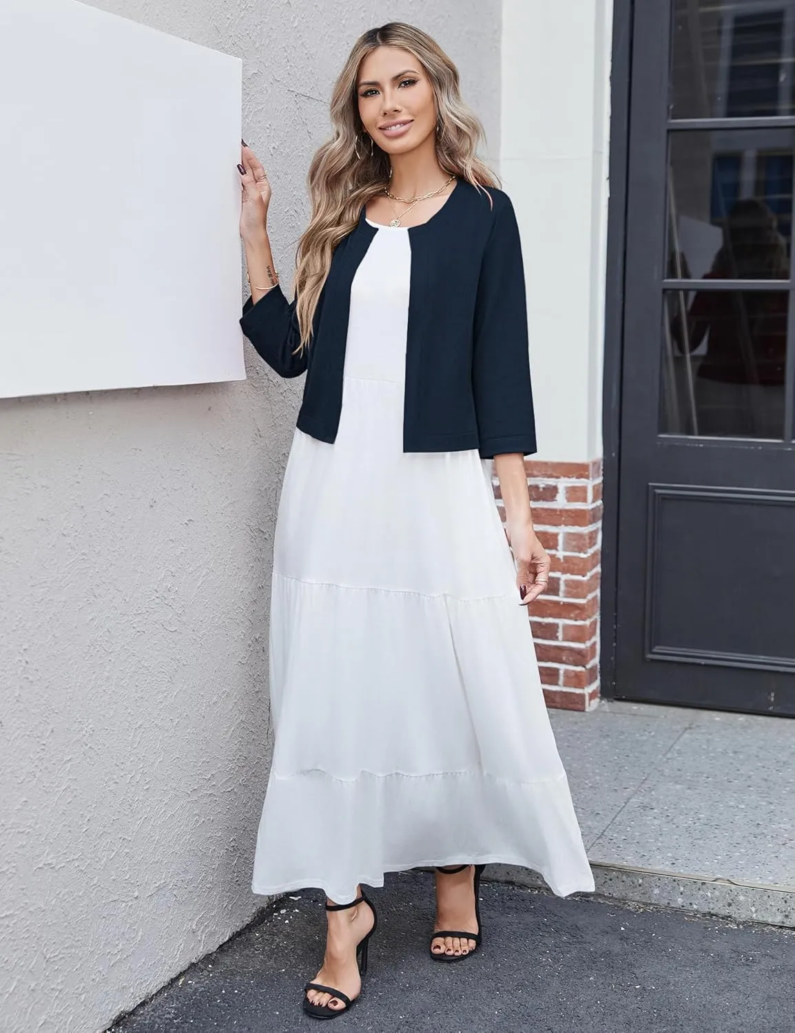 Newchoice Women's Open Front Cropped Cardigan Sweaters Bolero Shrugs for Dresses 3/4 Sleeve Casual Lightweight Cardigans
