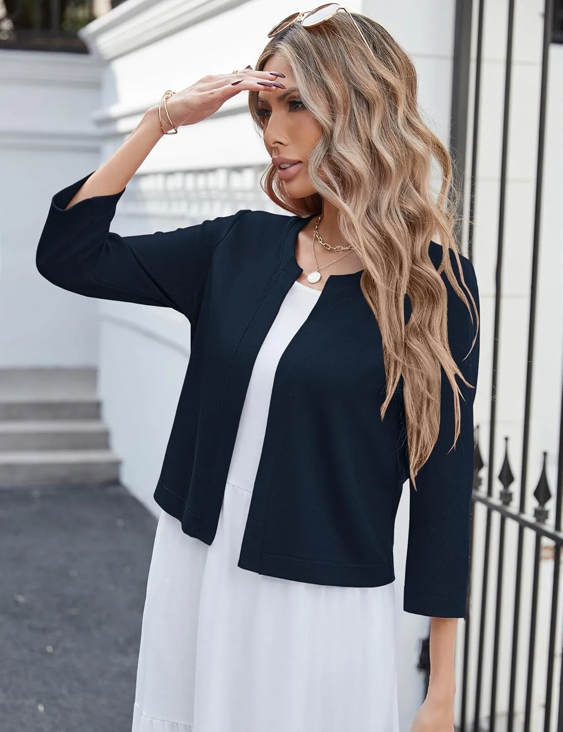Newchoice Women's Open Front Cropped Cardigan Sweaters Bolero Shrugs for Dresses 3/4 Sleeve Casual Lightweight Cardigans