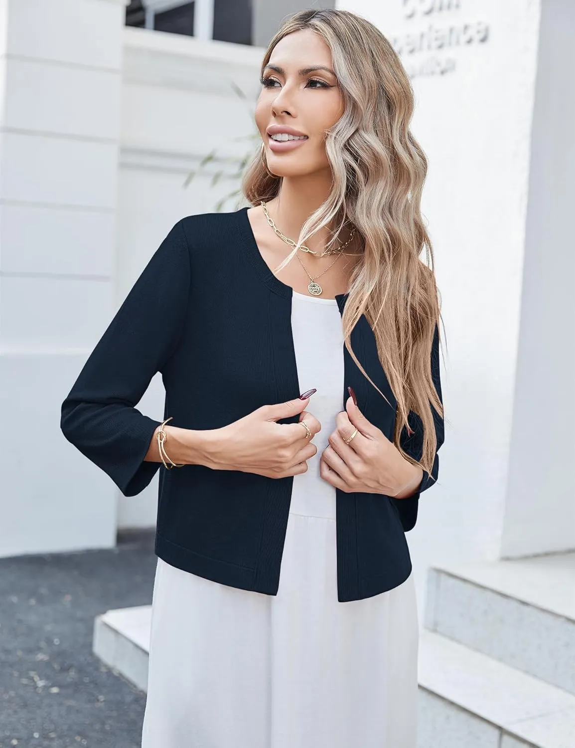 Newchoice Women's Open Front Cropped Cardigan Sweaters Bolero Shrugs for Dresses 3/4 Sleeve Casual Lightweight Cardigans