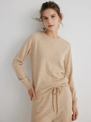Nina 100% Merino Wool Oatmeal Fitted Crewneck Pullover