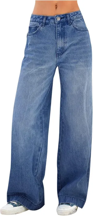 Pants Zipper High Jeans Pocket Waist Wide Solid Casual Women's Trousers Fly Leg Plus Size Fashion Comfort