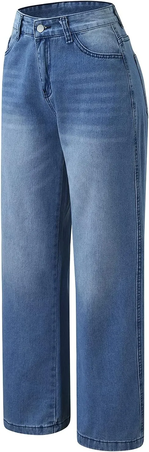 Pants Zipper High Jeans Pocket Waist Wide Solid Casual Women's Trousers Fly Leg Plus Size Fashion Comfort