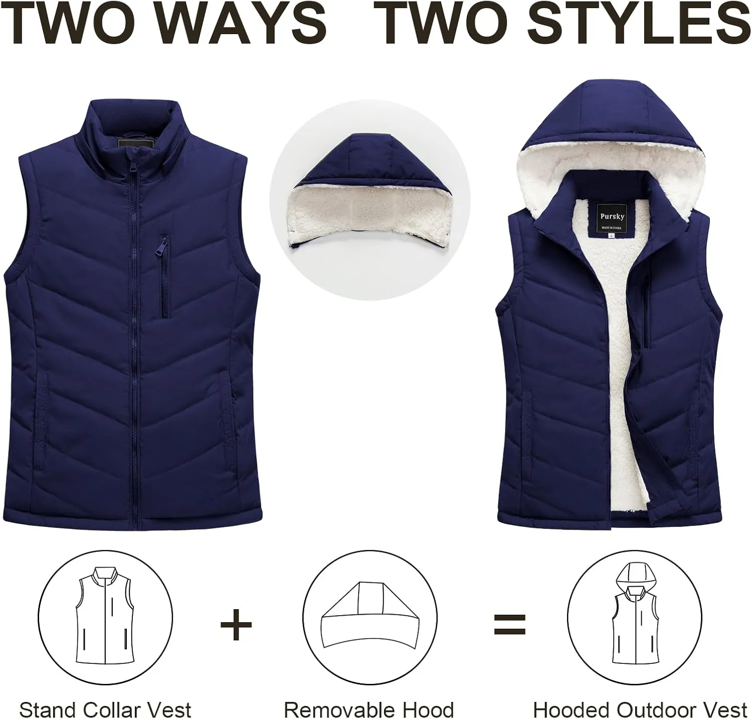 Pursky Women's Winter Vest Sherpa Fleece Lined Puffer Vest Warm Lightweight Sleeveless Jackets With Removable Hood