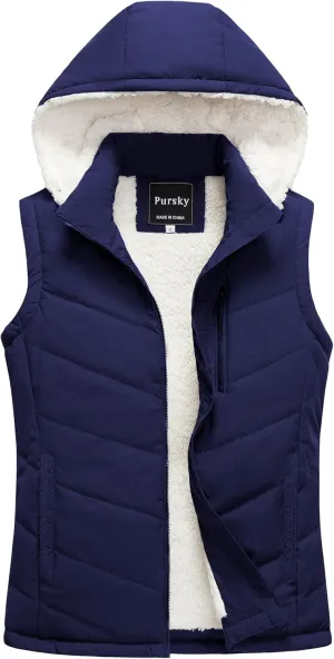 Pursky Women's Winter Vest Sherpa Fleece Lined Puffer Vest Warm Lightweight Sleeveless Jackets With Removable Hood