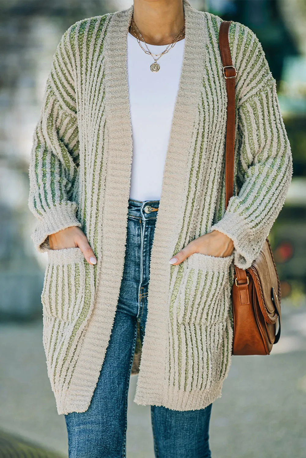 Ribbed Striped Open Front Cardigan with Pockets