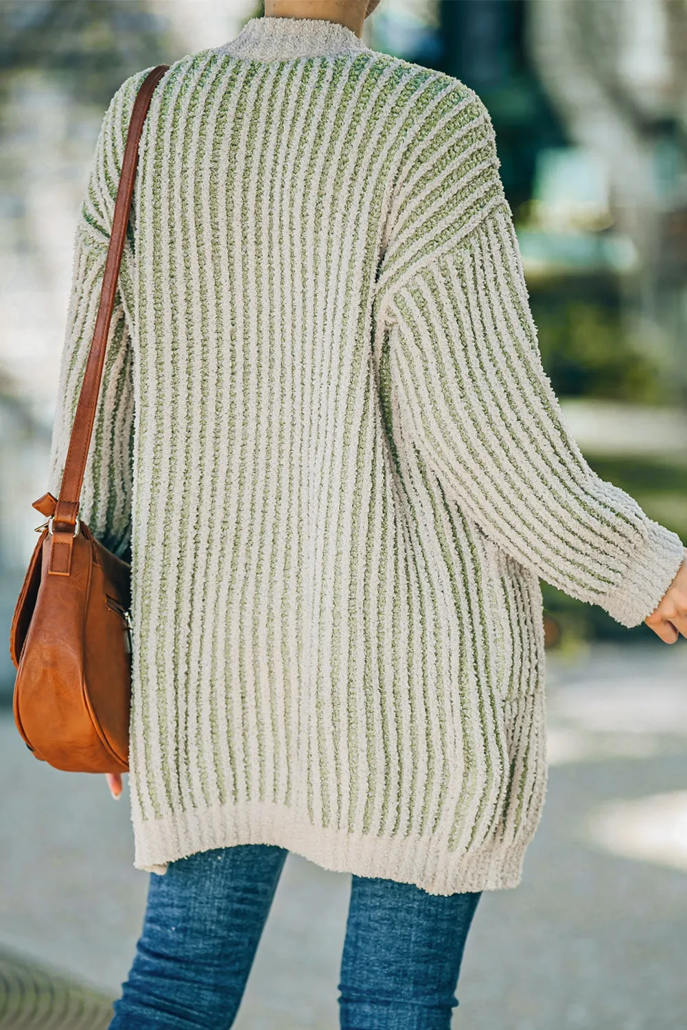 Ribbed Striped Open Front Cardigan with Pockets