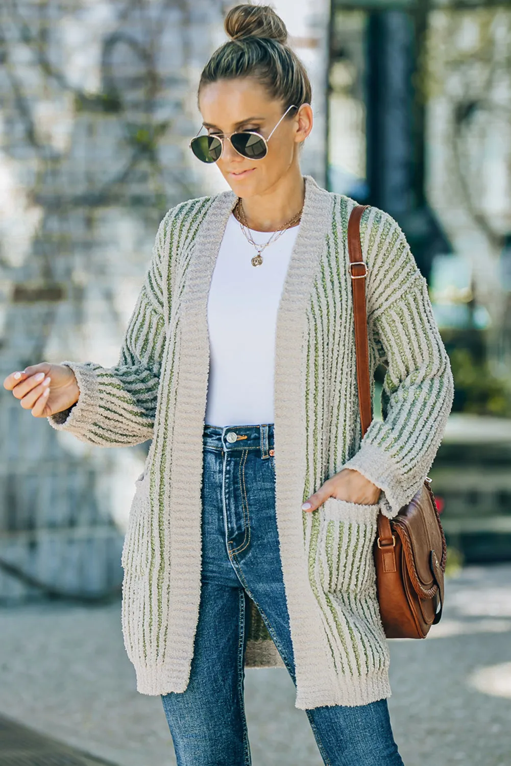 Ribbed Striped Open Front Cardigan with Pockets