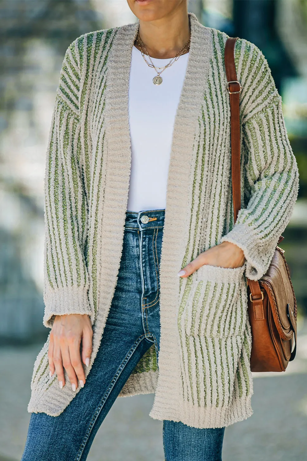 Ribbed Striped Open Front Cardigan with Pockets