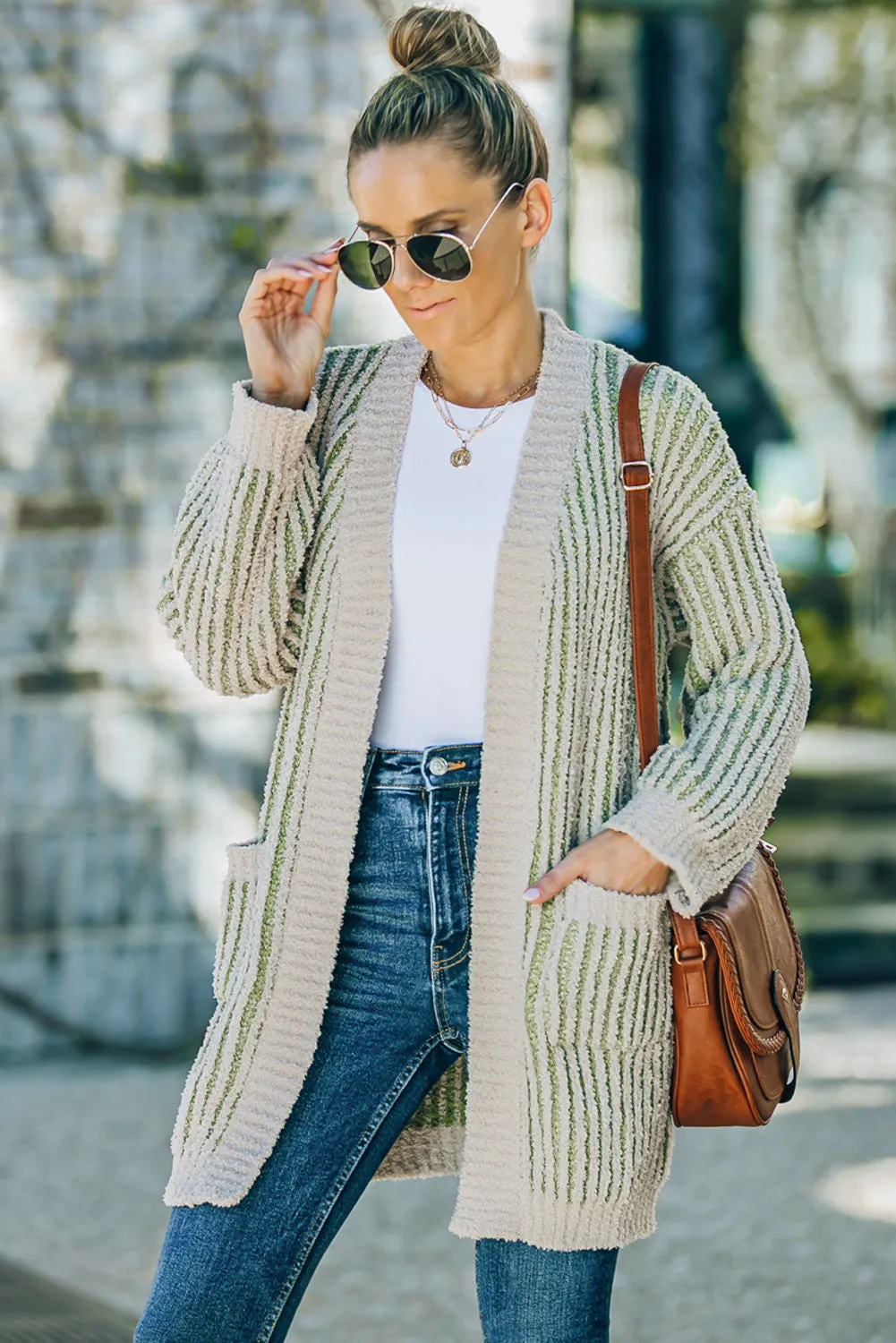 Ribbed Striped Open Front Cardigan with Pockets