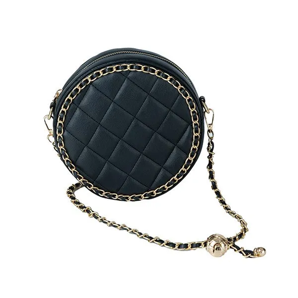 Round Vegan Leather Quilted Crossbody Bag