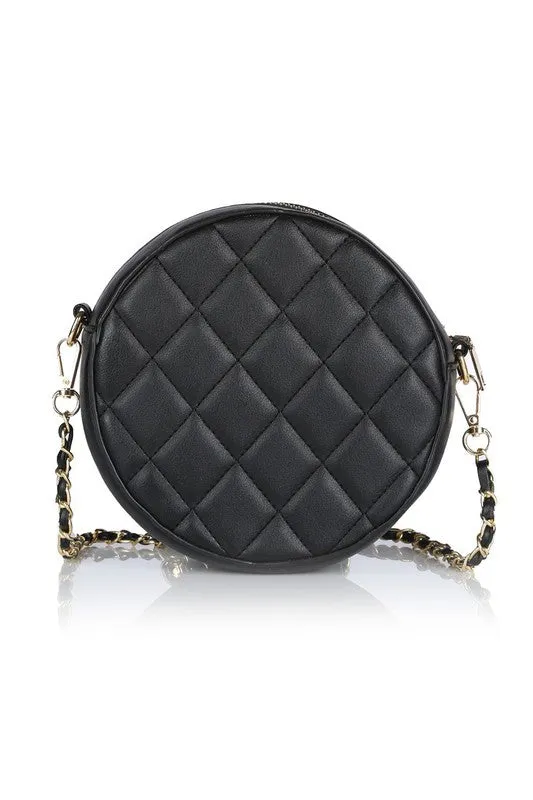 Round Vegan Leather Quilted Crossbody Bag